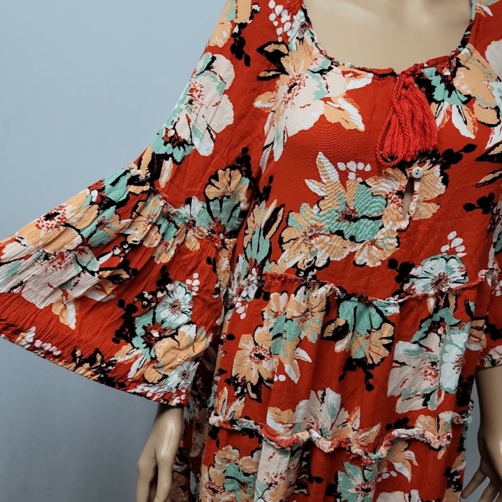 NWT EASEL RED FLORAL DESIGN MIDI TIERED oversized DRESS SMALL COMFY FLOWY NEW - Picture 9 of 11